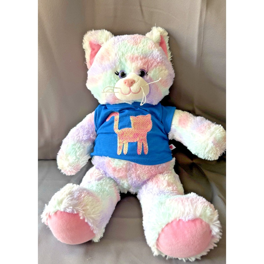BUILD A BEAR Plush Pastel‎ Tie Die Kitty Cat Embellished T Shirt & Sound 16.5"